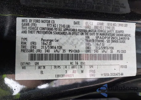 2013 Ford Focus Se из США, поврежденный, VIN 1FADP3F29DL240519